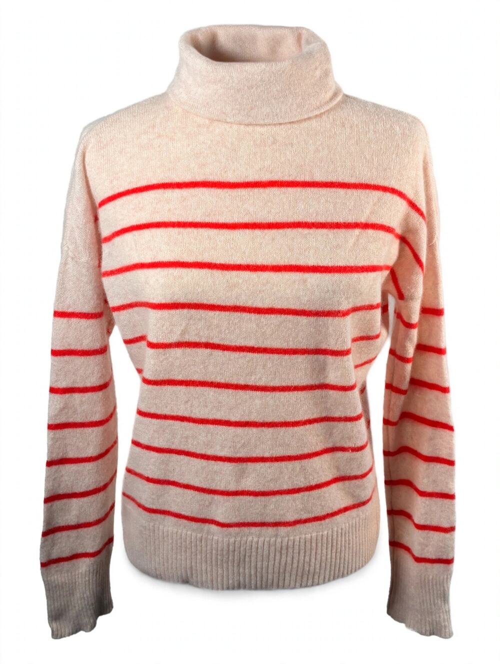 Lilla P Cashmere Turtleneck Sweater Women's Small Cream Red Breton Stripe